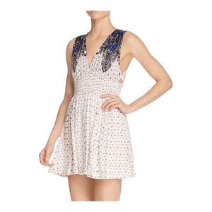 Free People Womens Ivory Blue Floral V Neck Smocked Waist Mini Dress Sz M‎